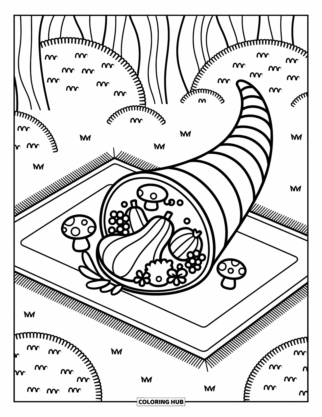 Cornucopia Coloring Page for Adults: In a forest clearing, a cornucopia spills autumn treats on a cozy picnic setup