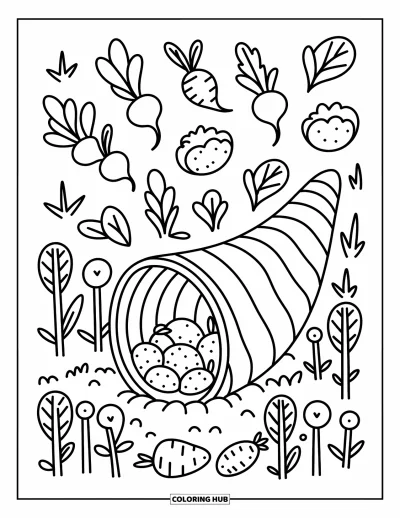 Coloriage de corne d'abondance pour adultes : Des légumes feuillus s'échappent d'une corne nichée dans un lit de jardin luxuriant