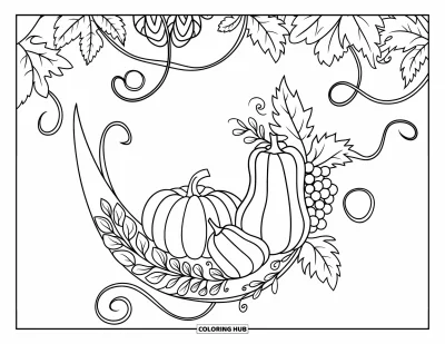 Coloriage de corne d'abondance pour adultes : Citrouille, courges et raisins entourent une corne fleurie aux vrilles enroulées