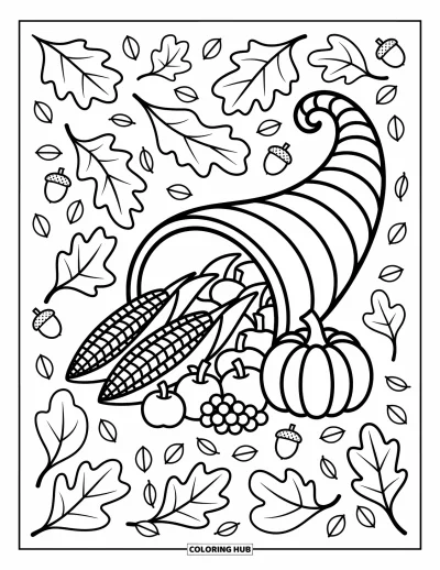 Coloriage de corne d'abondance pour adultes : Des citrouilles et des raisins s'échappent d'une corne d'abondance entourée de feuilles et de vignes généreuses
