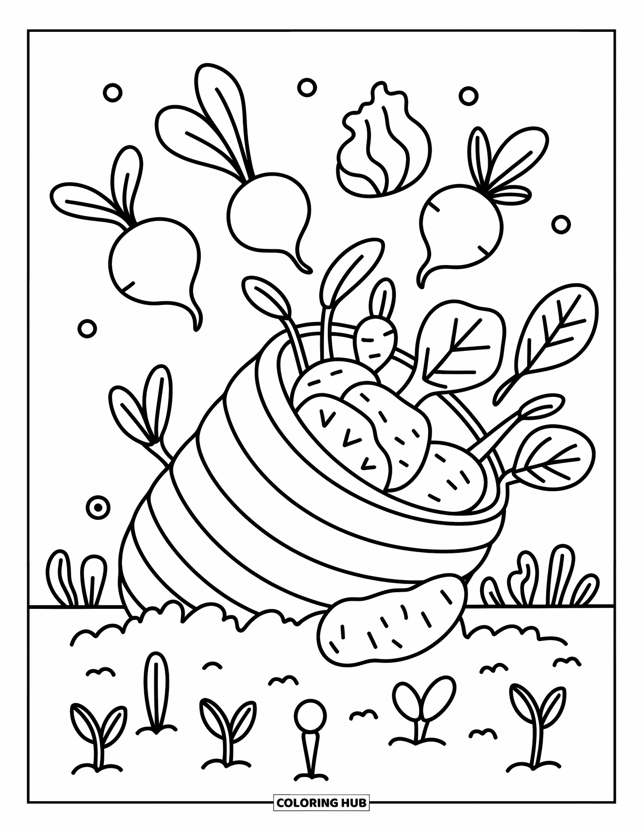 Cornucopia Coloring Page for Adults: Radishes and greens tumble from a cornucopia nestled in soft garden soil