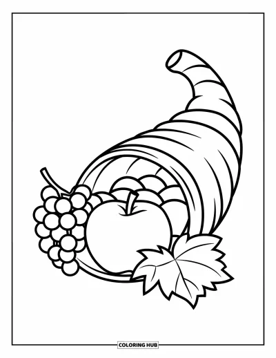 Coloriage de corne d'abondance pour enfants : Une corne d'abondance en forme de panier contient une pomme, des raisins et une feuille dans un style ludique