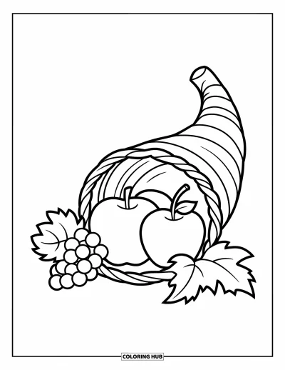 Coloriage de corne d'abondance pour enfants : Une corne d'abondance en forme de panier contient des fruits et une feuille avec des contours nets et bien marqués