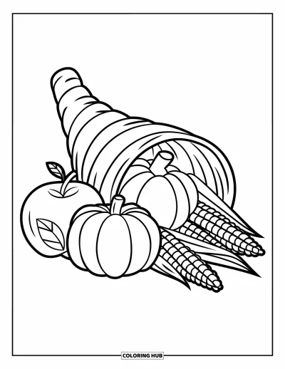 Coloriage de corne d'abondance pour enfants : Une grande corne d'abondance joyeuse remplie de formes de fruits simples est prête à colorier