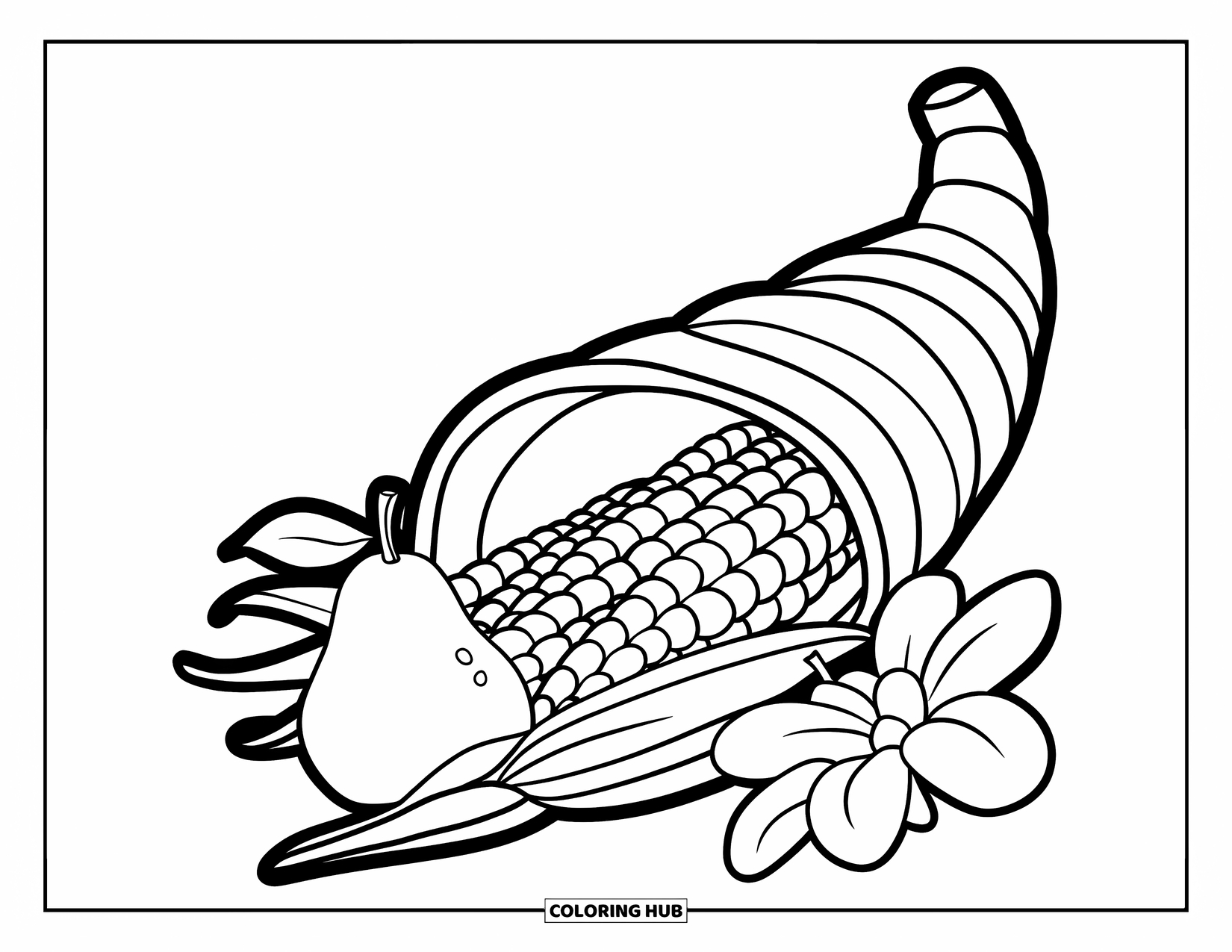 Cornucopia Coloring Page for Kids: A bold-lined cornucopia holds a pear, corn, and flower with a playful design