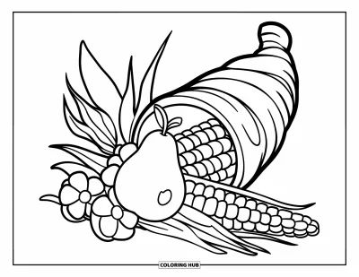 Coloriage de corne d'abondance pour enfants : Une corne d'abondance joyeuse avec poire, maïs et fleur présente de grandes formes faciles à colorier