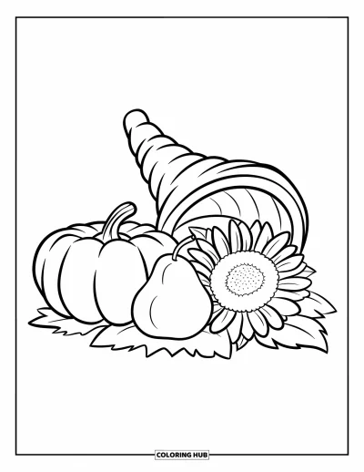 Coloriage de corne d'abondance pour enfants : Une corne d'abondance joyeuse avec citrouille, poire et tournesol aux contours clairs pour colorier facilement