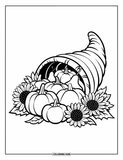 Coloriage de corne d'abondance pour enfants : Une corne d'abondance remplie de citrouilles, de poires et de tournesols dessinée dans un style simple et épuré