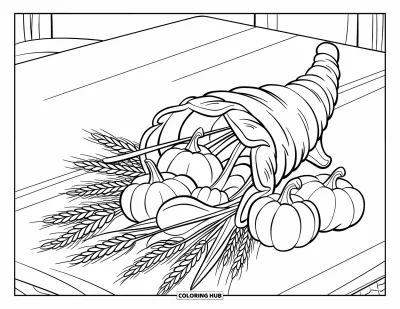 Coloriage de corne d'abondance pour enfants : Une corne d'abondance remplie de blé et de courges repose sur un présentoir en bois