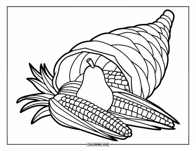 Coloriage de corne d'abondance pour enfants : Une corne d'abondance tient une poire, du maïs et une fleur avec des traits vifs et un style enjoué
