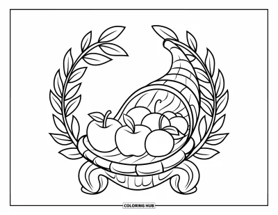 Coloriage de corne d'abondance pour enfants : Une corne d'abondance contient des pommes, des oranges et un citron, entourée d'une couronne de feuilles