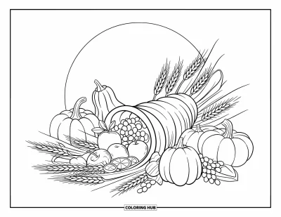 Coloriage de corne d'abondance pour enfants : Une corne d'abondance déborde de fruits, de courges et de gerbes de blé nouées d'un ruban