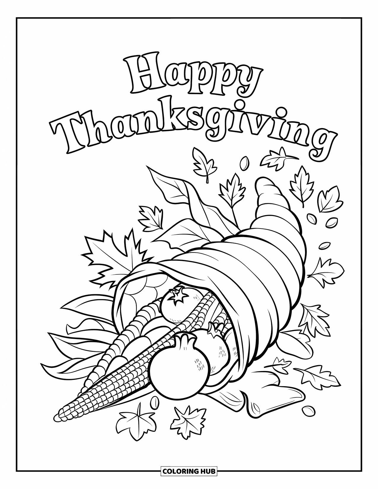 Cornucopia Coloring Page for Kids: A cornucopia sits on wood with leaves and a "Happy Thanksgiving" banner