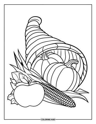 Coloriage de corne d'abondance pour enfants : Une corne d'abondance avec pomme, citrouille et maïs arbore une corne dorée et un air espiègle