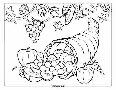 Coloriage de corne d'abondance pour enfants : Une corne d'abondance avec des pommes et des raisins a des feuilles et un cœur qui flottent au-dessus