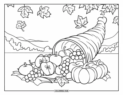 Coloriage de corne d'abondance pour enfants : Une corne d'abondance avec pommes et citrouilles repose dans un paisible décor de montagne