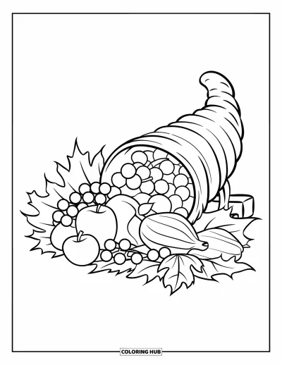 Coloriage de corne d'abondance pour enfants : Une corne d'abondance avec des pommes et des courges se renverse depuis un présentoir en bois