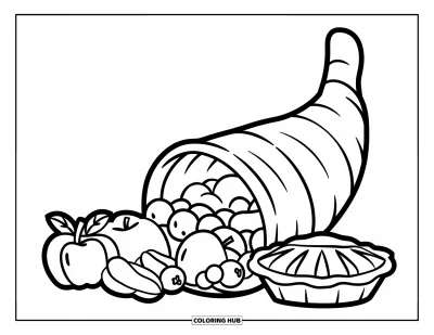 Coloriage de corne d'abondance pour enfants : Une corne d'abondance avec tarte et pommes est tracée avec des lignes simples et nettes