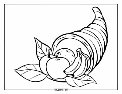 Coloriage de corne d'abondance pour enfants : Une corne d'abondance avec trois fruits et deux feuilles repose sur fond blanc