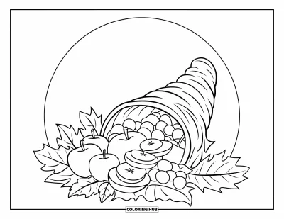 Coloriage de corne d'abondance pour enfants : Une corne d'abondance chaleureuse avec un cœur et des fruits flotte au-dessus d'un cercle blanc