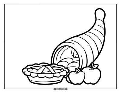 Coloriage de corne d'abondance pour enfants : Une corne d'abondance chaleureuse avec tarte et pommes est posée sur une surface épurée