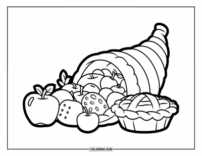 Coloriage de corne d'abondance pour enfants : Une adorable corne d'abondance déborde à côté d'une tarte et de pommes