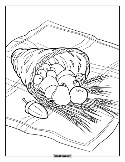 Coloriage de corne d'abondance pour enfants : Une adorable corne d'abondance repose sur une nappe de pique-nique avec du blé et des glands