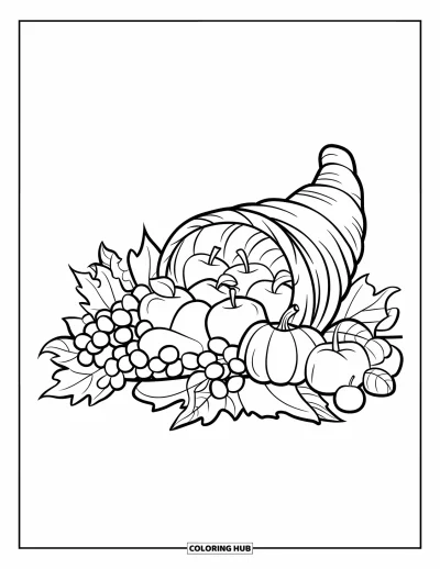 Coloriage de corne d'abondance pour enfants : Une corne d'abondance festive sur bois déborde de fruits et de feuilles
