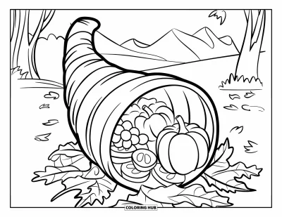 Coloriage de corne d'abondance pour enfants : Une corne d'abondance suspendue laisse tomber des pommes et des citrouilles sur des feuilles d'automne