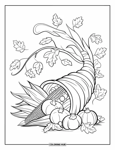 Coloriage de corne d'abondance pour enfants : Une corne d'abondance remplie de fruits est encadrée de feuilles d'automne tourbillonnantes