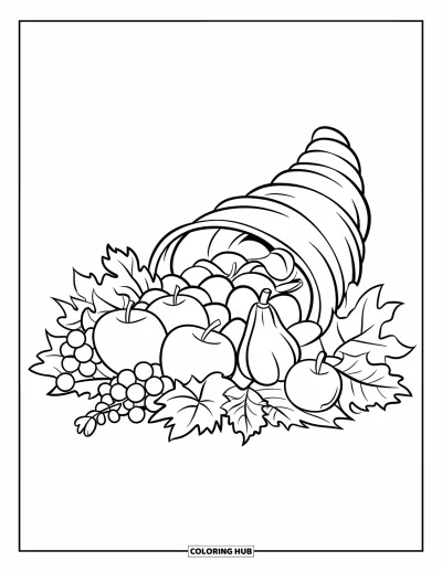 Coloriage de corne d'abondance pour enfants : Une corne d'abondance remplie de fruits repose soigneusement sur un socle en bois