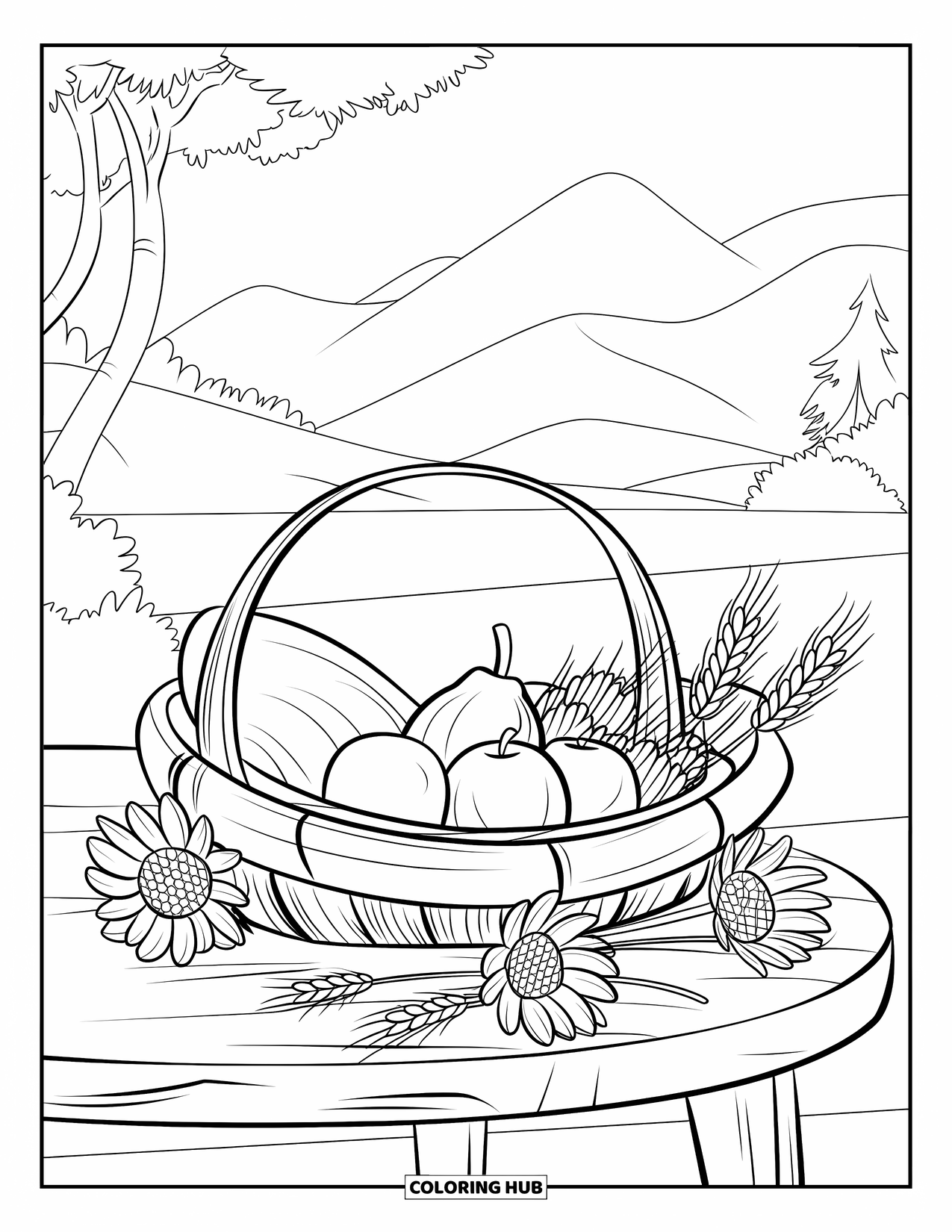 Cornucopia Coloring Page for Kids: A horn basket holds fruit, wheat, and sunflowers on a wooden table