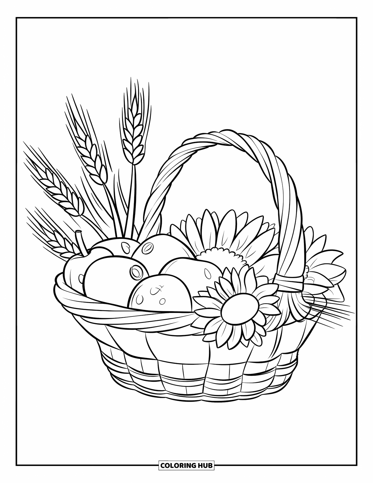 Cornucopia Coloring Page for Kids: A horn basket with wheat and fruit sits on a wooden base
