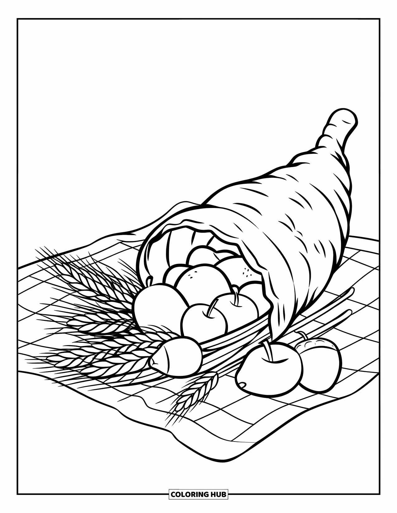 Cornucopia Coloring Page for Kids: A picnic-ready cornucopia spills fruit and wheat onto a white cloth