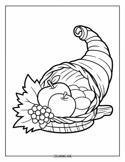 Coloriage de corne d'abondance pour enfants : Une corne d'abondance simple sur bois contient une pomme, des raisins et une feuille