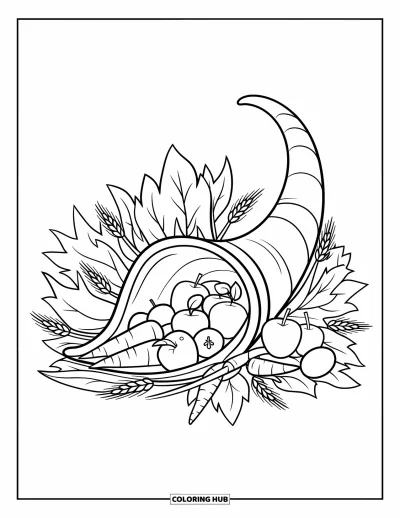Coloriage de corne d'abondance pour enfants : Une corne d'abondance élégante repose dans des feuilles, garnie de bananes et de légumes
