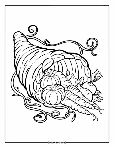 Coloriage de corne d'abondance pour enfants : Une corne d'abondance inclinée déborde de légumes et de vrilles enroulées
