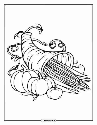 Coloriage de corne d'abondance pour enfants : Une corne inclinée laisse tomber du maïs et des citrouilles, entourée de vignes