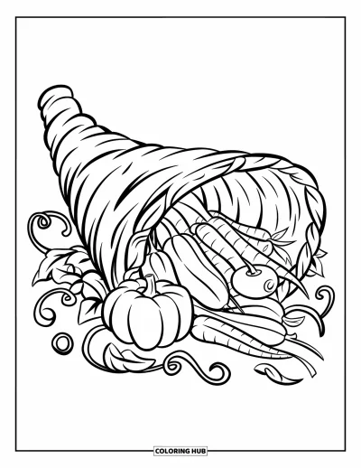 Coloriage de corne d'abondance pour enfants : Une corne d'abondance enroulée de vignes se penche, remplie de légumes de la récolte