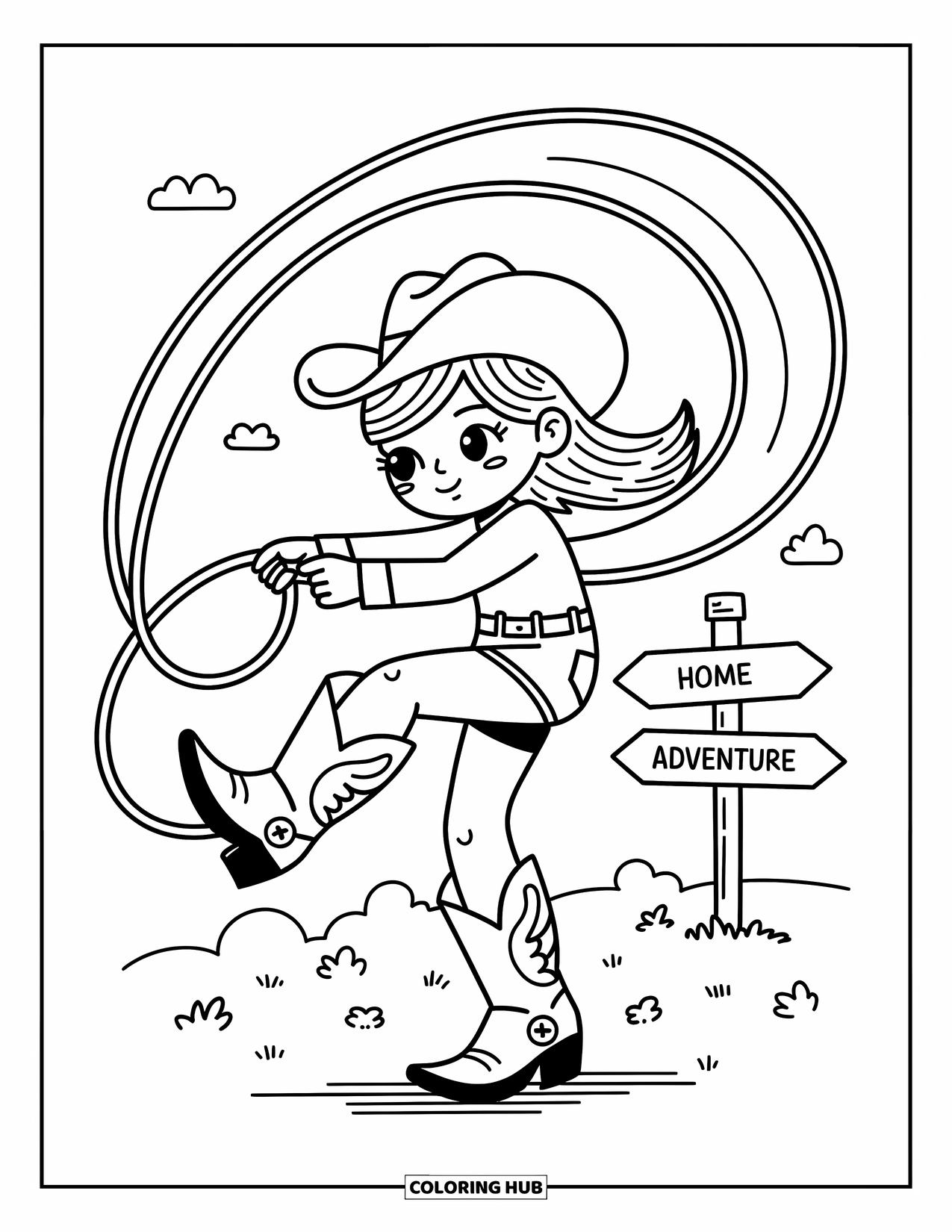 Cow Girl Coloring Page for Adults: A cheerful cowgirl spins her lasso beside a sign marked "Fun," "Home," and "Adventure"