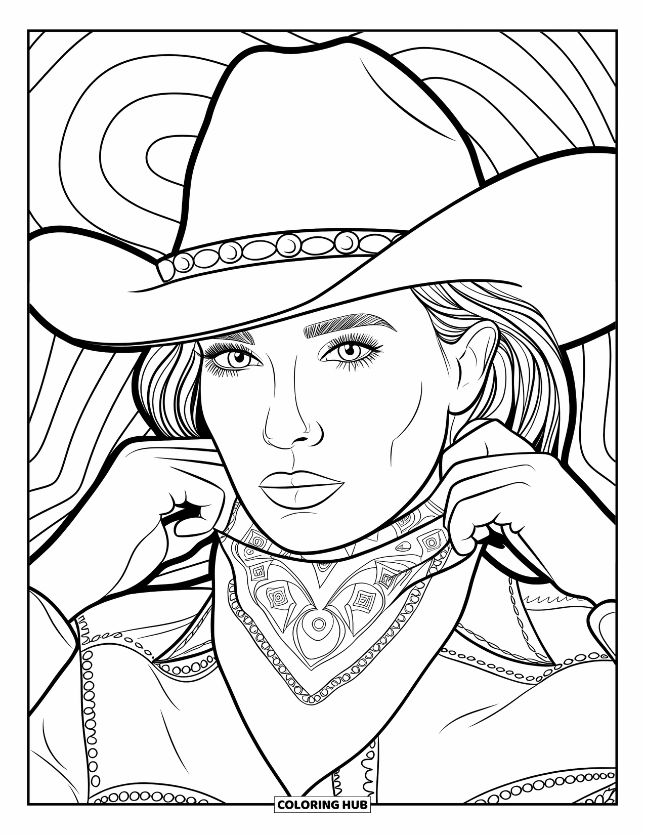Cow Girl Coloring Page for Adults: A cowgirl adjusts her bandana in a close-up view with swirling patterns behind her