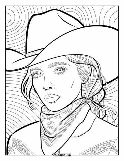 Cowgirl-målarbild för vuxna: En cowgirl justerar sitt bandana med svirlar i bakgrunden