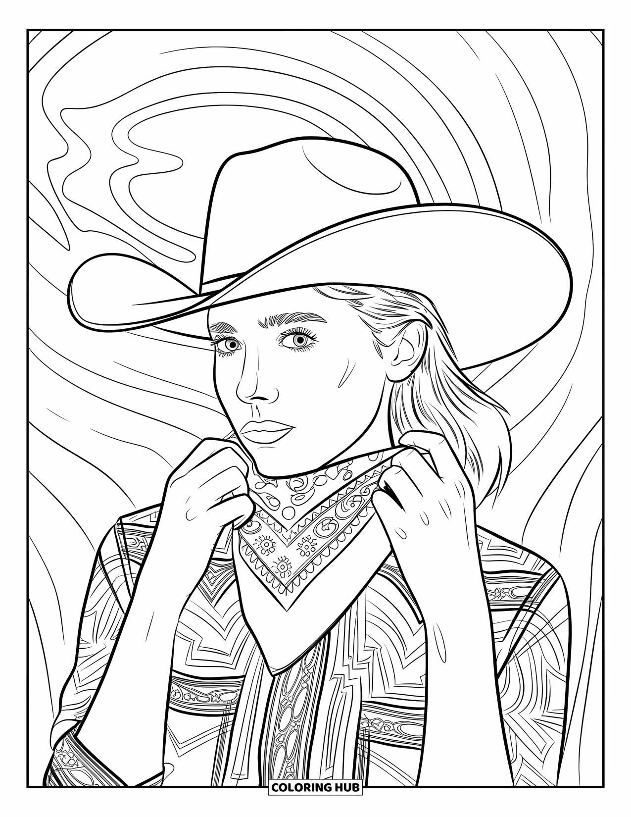 Cow Girl Coloring Page for Adults: A cowgirl adjusts her scarf with circular swirling designs around her