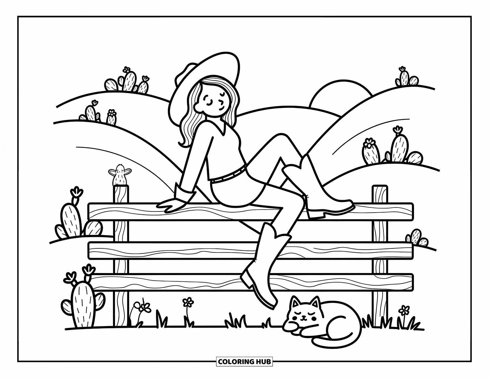 Cow Girl Coloring Page for Adults: A cowgirl dangles her legs from a fence while enjoying a peaceful sunset view
