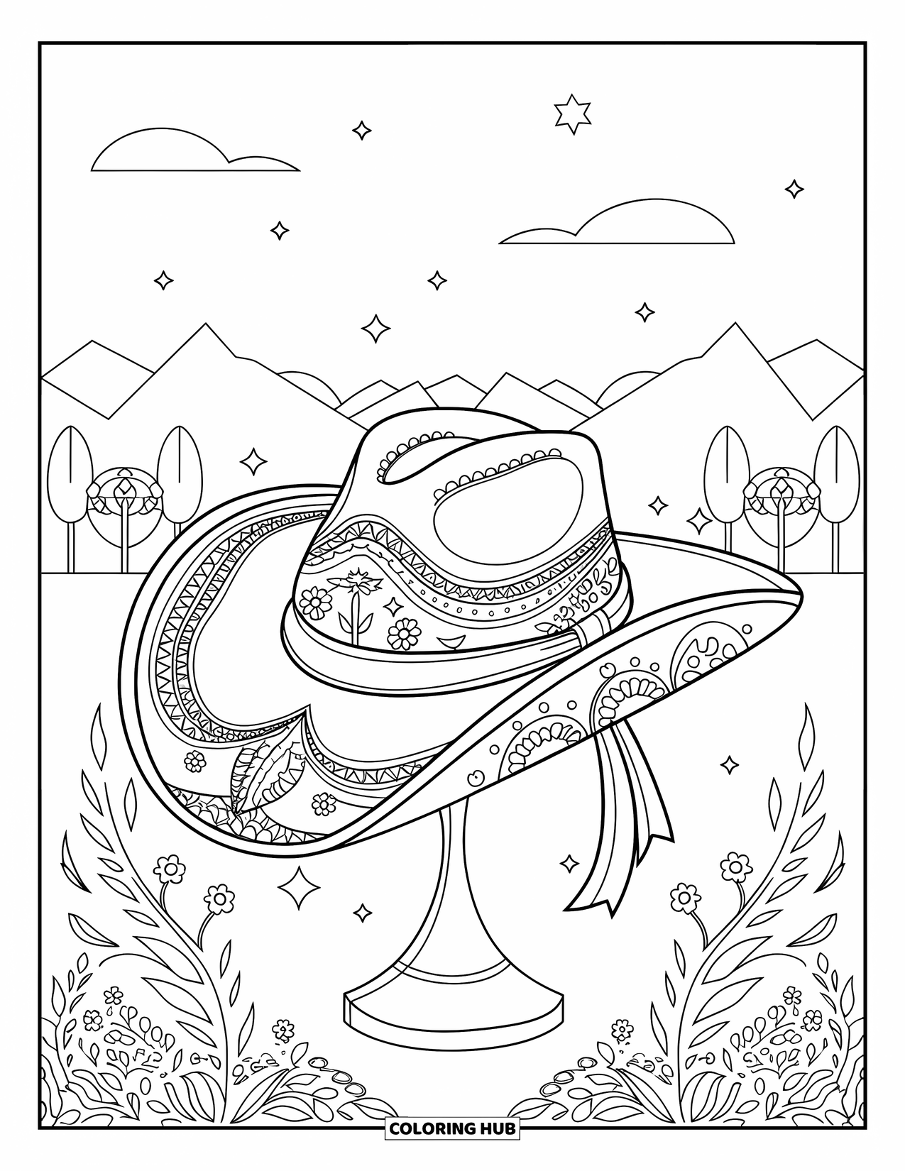 Cow Girl Coloring Page for Adults: A cowgirl hat with flowers and stars sits in front of a mountain view