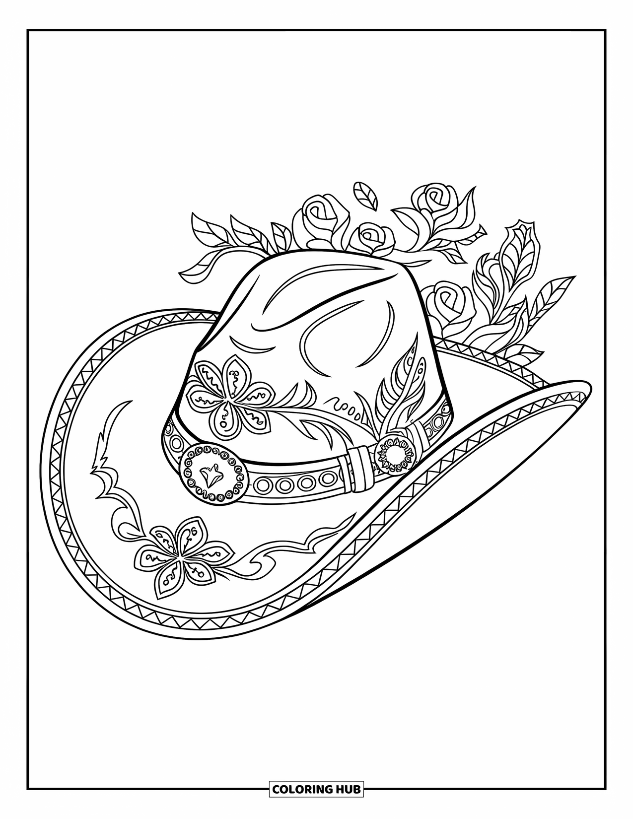 Cow Girl Coloring Page for Adults: A cowgirl hat with flowers and vines sits in a decorative border