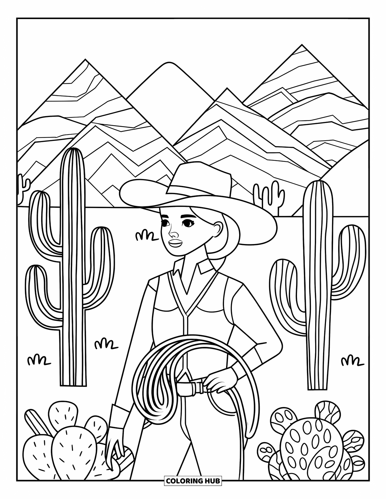 Cow Girl Coloring Page for Adults: A cowgirl holds her lasso in a desert with bold mountain outlines