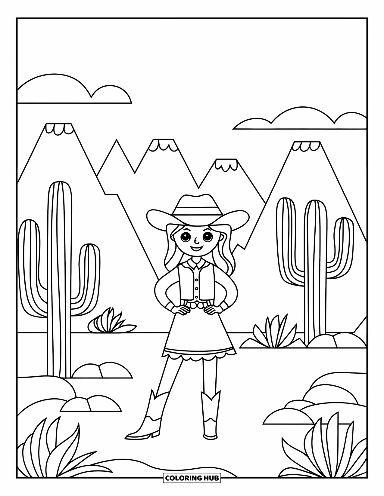 Cow Girl Coloring Page for Adults: A cowgirl in a desert stands near cacti and stylized mountains under a clear sky