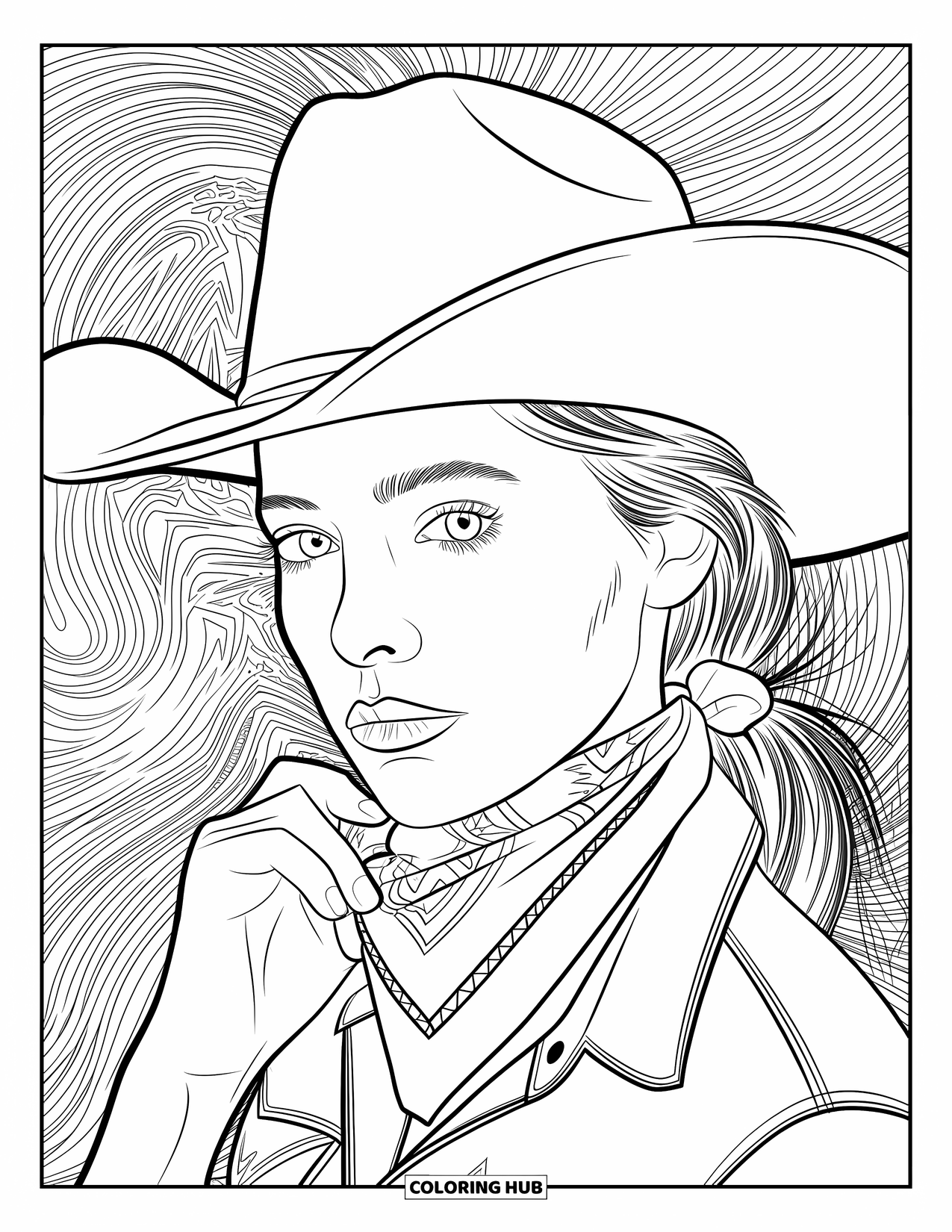 Cow Girl Coloring Page for Adults: A cowgirl in a hat adjusts her bandana, surrounded by swirling background designs