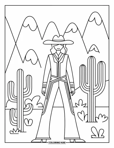 Cowgirl-målarbild för vuxna: En cowgirl med väst står bland spetsiga berg och runda kaktusar i öknen